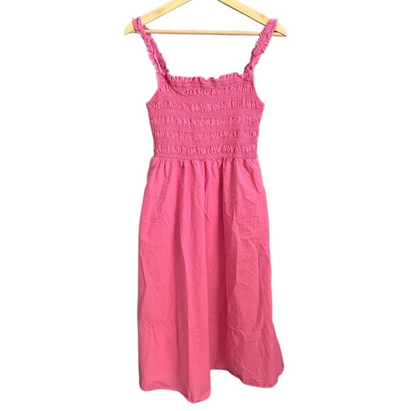 M&S Smocked Midi Dress Hot Pink UK12 US8 Barbie Maximalist Tropical Cottagecore - Picture 2 of 9